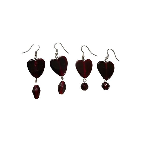 Two Pairs Red Glass Heart Earrings - Picture 2 of 6
